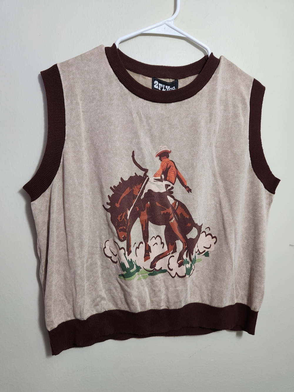 Womens Sleeveless Cowboy Graphic Tank in Beige and Brown L/XL